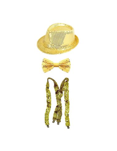 Set Disco à Sequins - Chapeau Borsalino, Nœud Papillon et Bretelles - Couleurs : Or