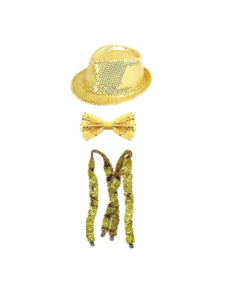 Set Disco à Sequins - Chapeau Borsalino, Nœud Papillon et Bretelles - Couleurs : Or