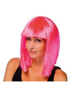 Perruque mi-longue raide avec frange - rose fluo