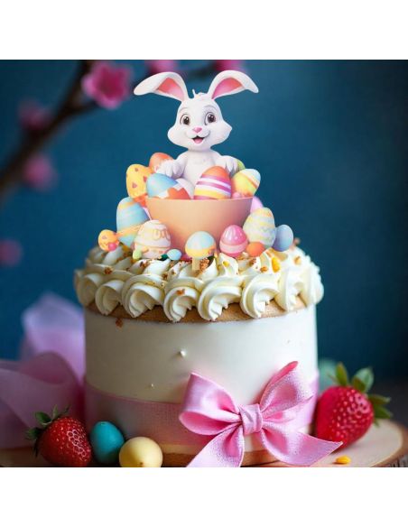 Pic de décoration de Pâques " Lapin blanc et Oeufs Multicolores " - Dimensions : 13,6 x 13,8 cm