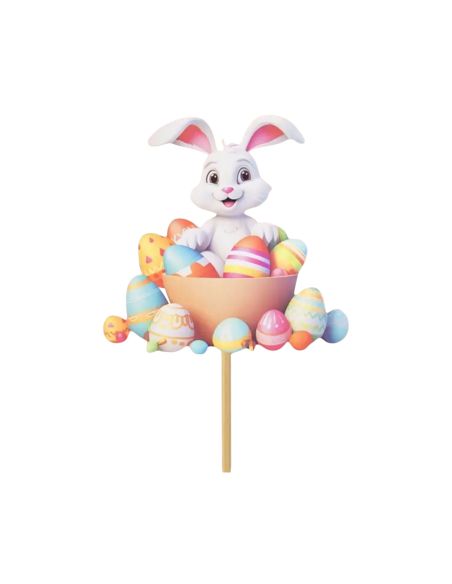 Pic de décoration de Pâques " Lapin blanc et Oeufs Multicolores " - Dimensions : 13,6 x 13,8 cm