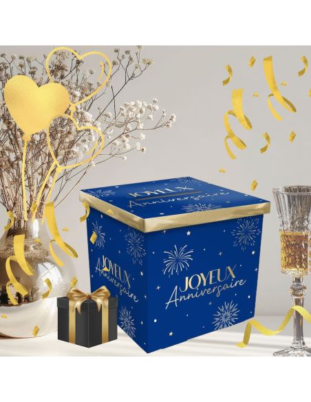 Urne "Joyeux Anniversaire" Bleu et Dorée - Dimensions : 20 x 20 x 20 cm