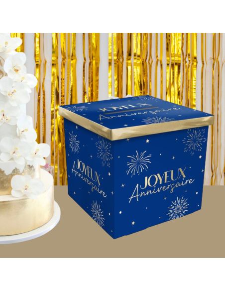 Urne "Joyeux Anniversaire" Bleu et Dorée - Dimensions : 20 x 20 x 20 cm