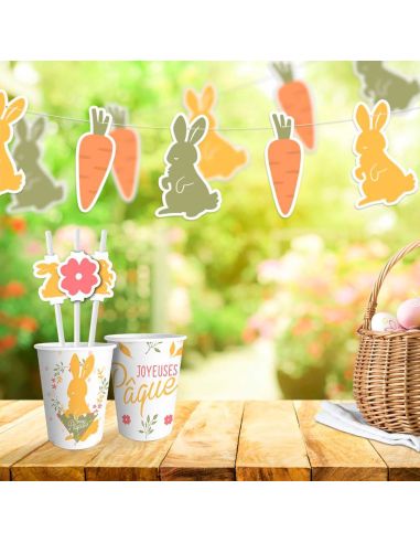 Guirlande 10 Fanions Motif Lapins et Carottes - Longueur : 3 mètres