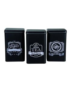 Boîte métallique rectangulaire noire, café, thé & Sucre, environ 11 x 7,5 x 19 cm, lot de 3 dans une boîte en plastique