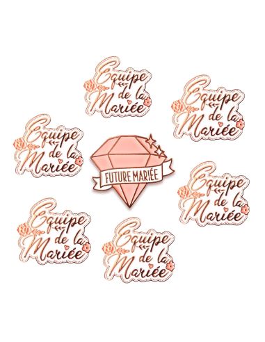 Pack de 7 Broches EVJF "1 Future Mariée et 6 Equipes de la Mariée "