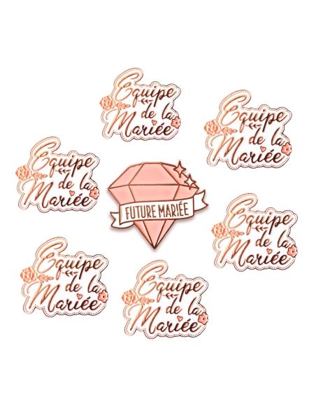 Pack de 7 Broches EVJF "1 Future Mariée et 6 Equipes de la Mariée "