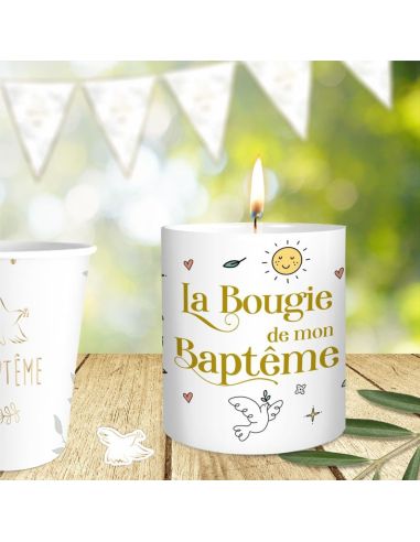 Bougie Ronde Parfumée en Céramique " La Bougie de Mon Baptême" - Dimensions : 8 x 9,5 cm