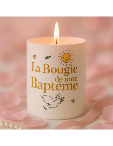 Bougie Ronde Parfumée en Céramique " La Bougie de Mon Baptême" - Dimensions : 8 x 9,5 cm