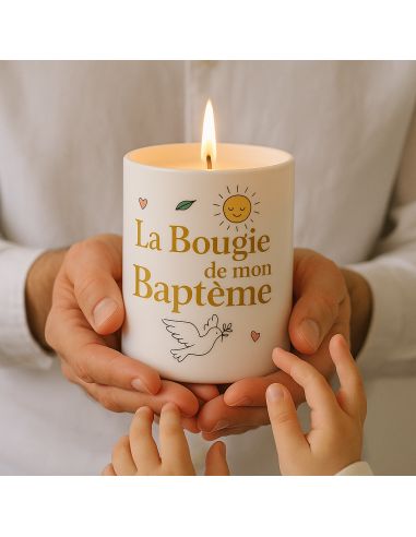 Bougie Ronde Parfumée en Céramique " La Bougie de Mon Baptême" - Dimensions : 8 x 9,5 cm