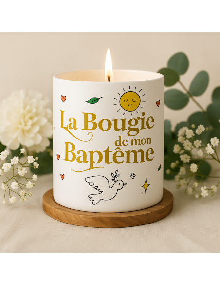 Bougie Ronde Parfumée en Céramique " La Bougie de Mon Baptême" - Dimensions : 8 x 9,5 cm