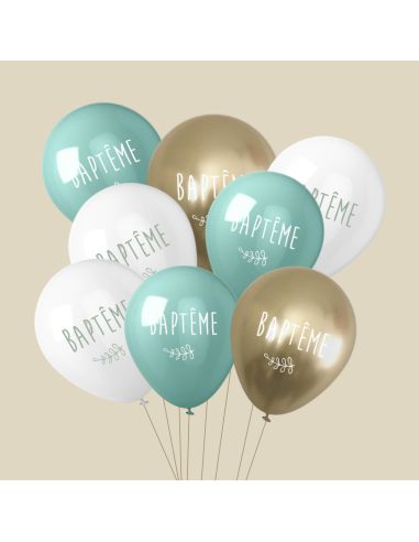 Sachets de 8 Ballons "Baptême" Blancs, Verts & Dorés - Dimensions : 30 x 30 cm