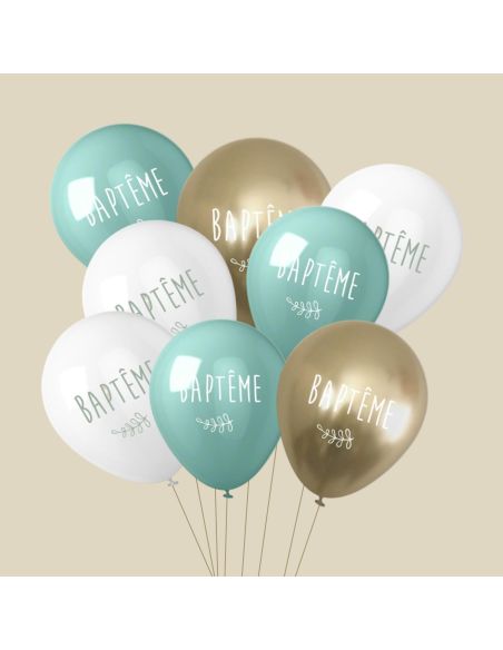 Sachets de 8 Ballons "Baptême" Blancs, Verts & Dorés - Dimensions : 30 x 30 cm