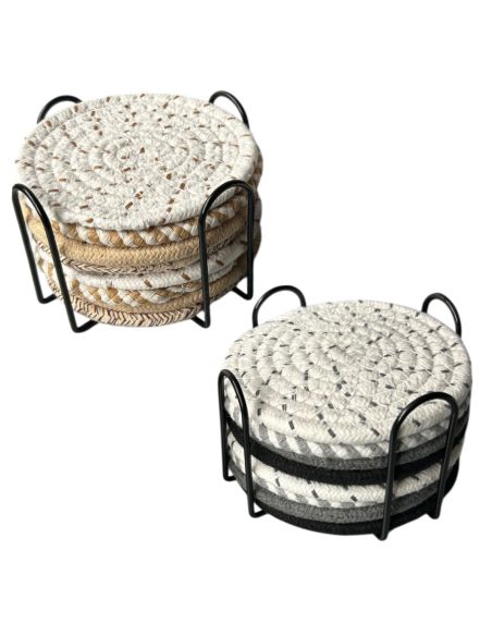Lot de 8 Dessous de Verre Ronds avec Support - Antidérapants en Coton - 2 Collections Disponibles.