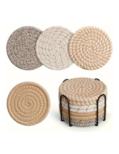 Lot de 8 Dessous de Verre Ronds avec Support - Antidérapants en Coton - 2 Collections Disponibles.