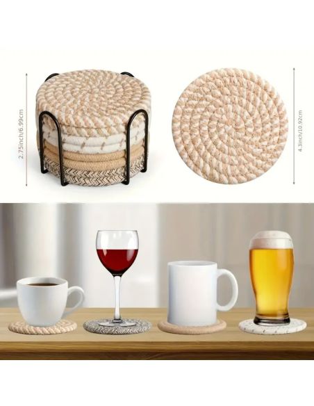 Lot de 8 Dessous de Verre Ronds avec Support - Antidérapants en Coton - 2 Collections Disponibles.