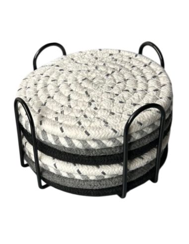 Lot de 8 Dessous de Verre Ronds avec Support - Antidérapants en Coton - 2 Collections Disponibles.