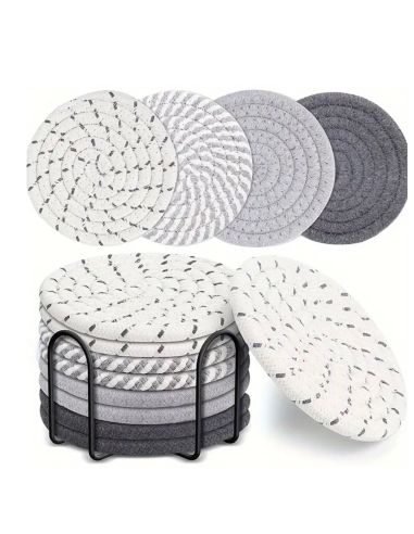 Lot de 8 Dessous de Verre Ronds avec Support - Antidérapants en Coton - 2 Collections Disponibles.
