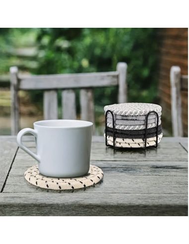 Lot de 8 Dessous de Verre Ronds avec Support - Antidérapants en Coton - 2 Collections Disponibles.