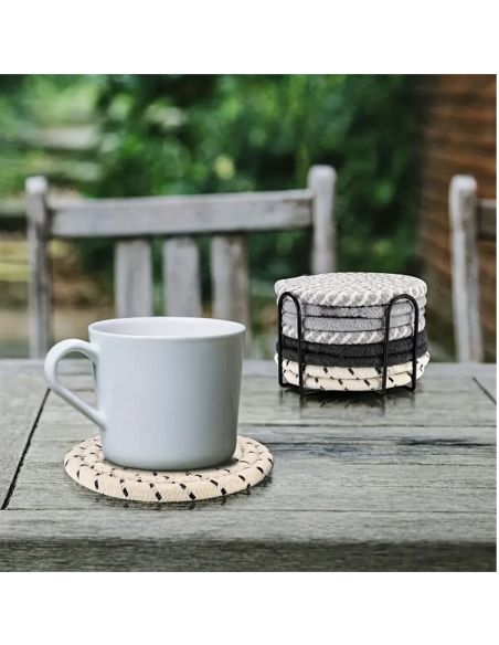 Lot de 8 Dessous de Verre Ronds avec Support - Antidérapants en Coton - 2 Collections Disponibles.