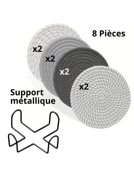 Lot de 8 Dessous de Verre Ronds avec Support - Antidérapants en Coton - 2 Collections Disponibles.