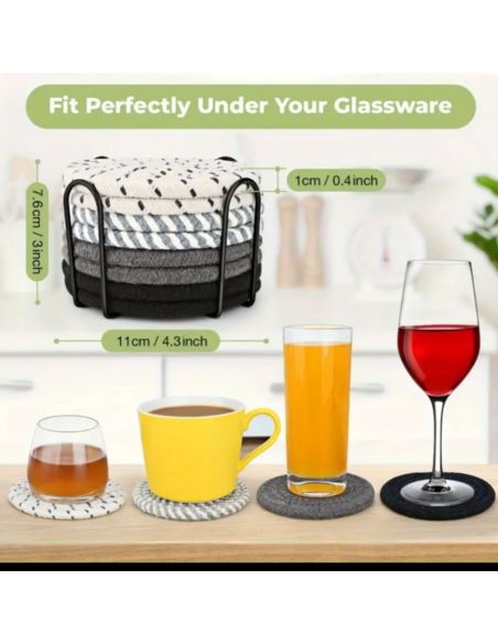 Lot de 8 Dessous de Verre Ronds avec Support - Antidérapants en Coton - 2 Collections Disponibles.