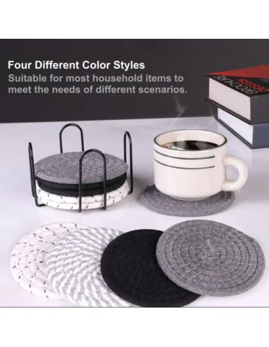 Lot de 8 Dessous de Verre Ronds avec Support - Antidérapants en Coton - 2 Collections Disponibles.