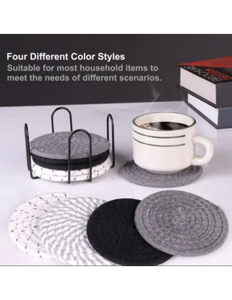 Lot de 8 Dessous de Verre Ronds avec Support - Antidérapants en Coton - 2 Collections Disponibles.