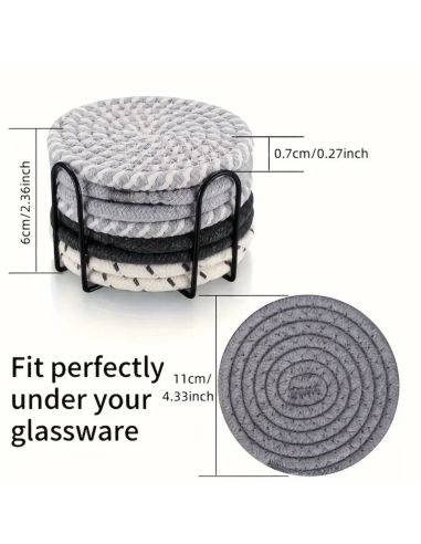 Lot de 8 Dessous de Verre Ronds avec Support - Antidérapants en Coton - 2 Collections Disponibles.