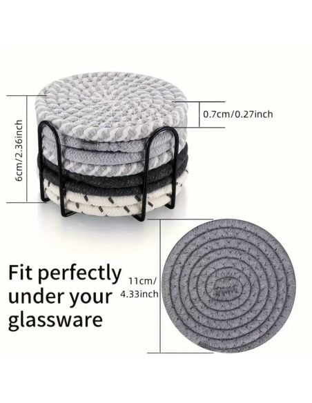 Lot de 8 Dessous de Verre Ronds avec Support - Antidérapants en Coton - 2 Collections Disponibles.