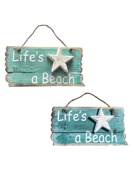 Panneau en Bois à Pendre en Relief " Life's a Beach " - 2 Finitions Disponibles - Dimension : 24x12CM