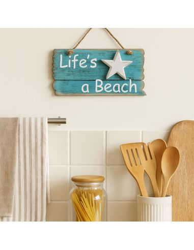 Panneau en Bois à Pendre en Relief " Life's a Beach " - 2 Finitions Disponibles - Dimension : 24x12CM