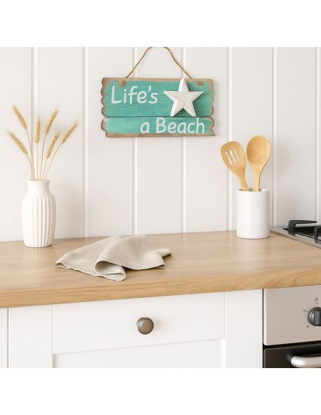 Panneau en Bois à Pendre en Relief " Life's a Beach " - 2 Finitions Disponibles - Dimension : 24x12CM