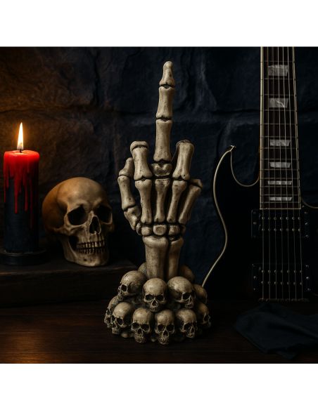 Main de Squelette "Doigt d'honneur" sur Socle Halloween -Dimension : 15 x 6,5 cm