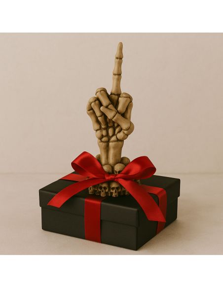 Main de Squelette "Doigt d'honneur" sur Socle Halloween -Dimension : 15 x 6,5 cm