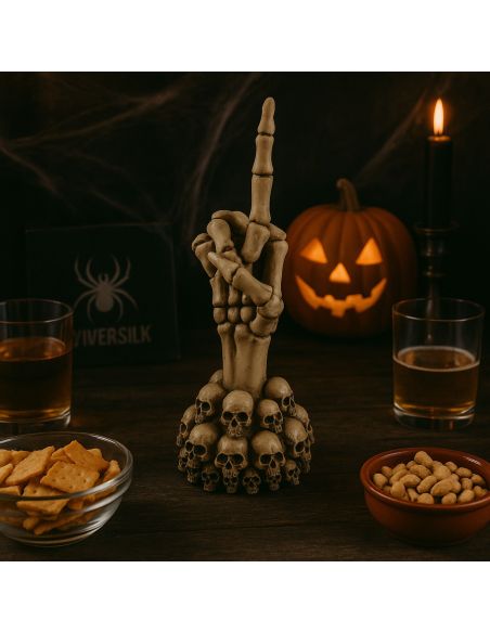 Main de Squelette "Doigt d'honneur" sur Socle Halloween -Dimension : 15 x 6,5 cm