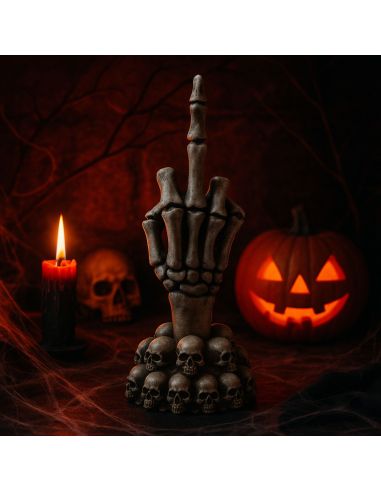 Main de Squelette "Doigt d'honneur" sur Socle Halloween -Dimension : 15 x 6,5 cm