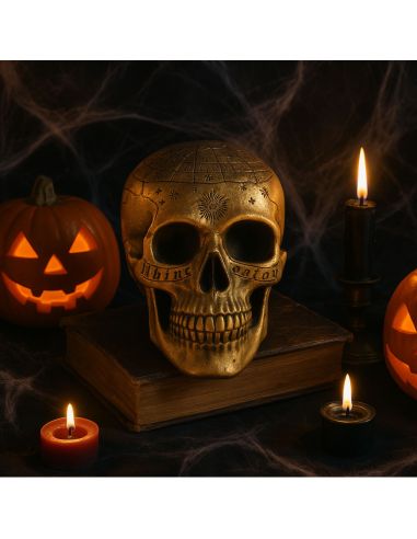 Crâne de Squelette Décoré Doré Halloween - Dimension : 20 x 14 x 14 cm