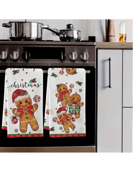 Lot De 2 Torchons De Cuisine Noël - 43x66 Cm, Motif Bonhomme Pain D'épice - Décoration Et Pratique