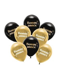Sachet 8 Ballons "Bonne Année" – Noir et doré – 30 cm – Air ou hélium