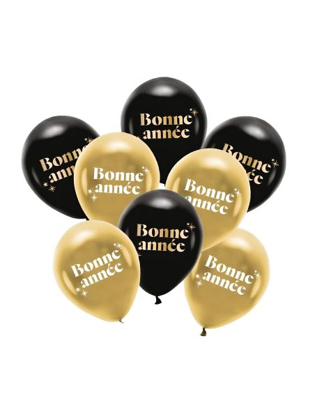 Sachet 8 Ballons "Bonne Année" – Noir et doré – 30 cm – Air ou hélium