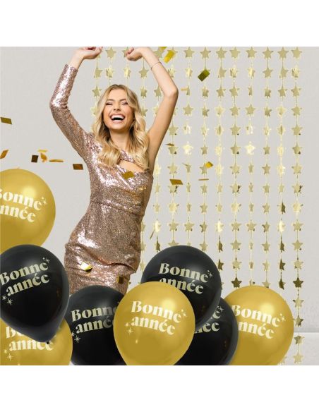 Sachet 8 Ballons "Bonne Année" – Noir et doré – 30 cm – Air ou hélium