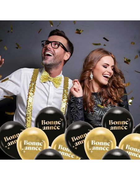 Sachet 8 Ballons "Bonne Année" – Noir et doré – 30 cm – Air ou hélium