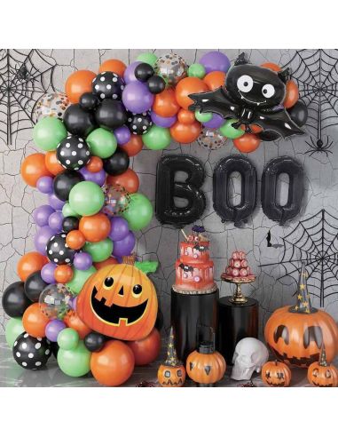 Kit Arche Ballons Halloween Deluxe - 93 Pièces avec Ballons Citrouille et Chauve-Souris BOO