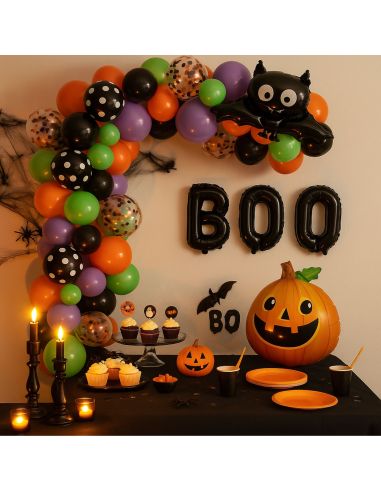 Kit Arche Ballons Halloween Deluxe - 93 Pièces avec Ballons Citrouille et Chauve-Souris BOO
