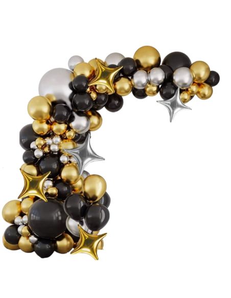 Kit Arche Ballons Or, Noir et Argenté - 121 Pièces