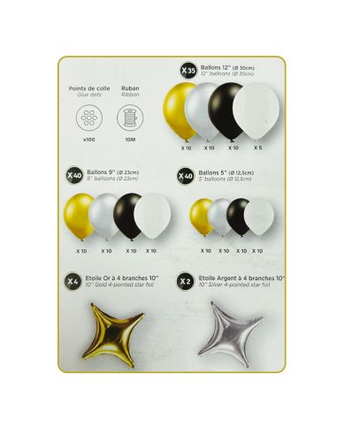 Kit Arche Ballons Or, Noir et Argenté - 121 Pièces