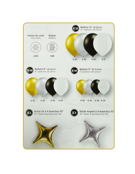 Kit Arche Ballons Or, Noir et Argenté - 121 Pièces
