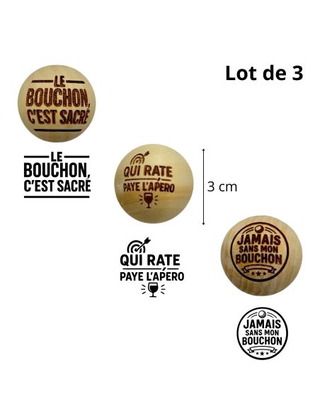 Lot de 3 Cochonnets de Pétanque en Bois avec Message
