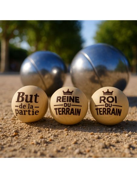 Lot de 3 Cochonnets de Pétanque en Bois Poli avec Message
